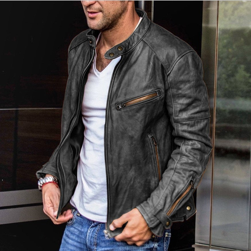 Punk Style Men's PU Leather Jacket with Stand Collar