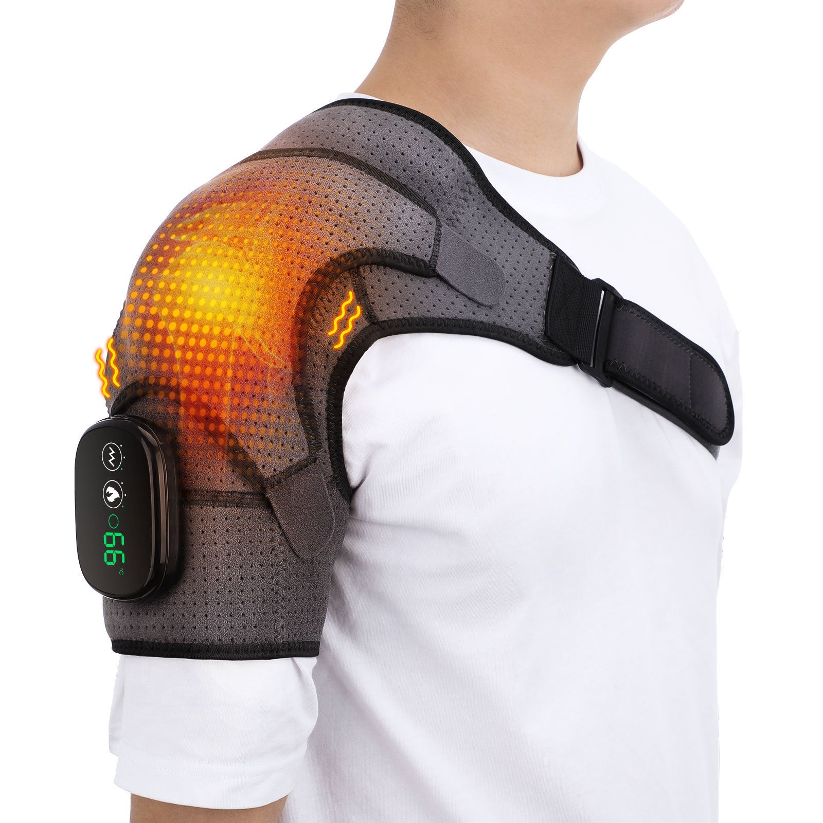 Massage Shoulder Support with Touchscreen Controller, Rechargeable Vibrating Heat Therapy Shoulder Massager Belt