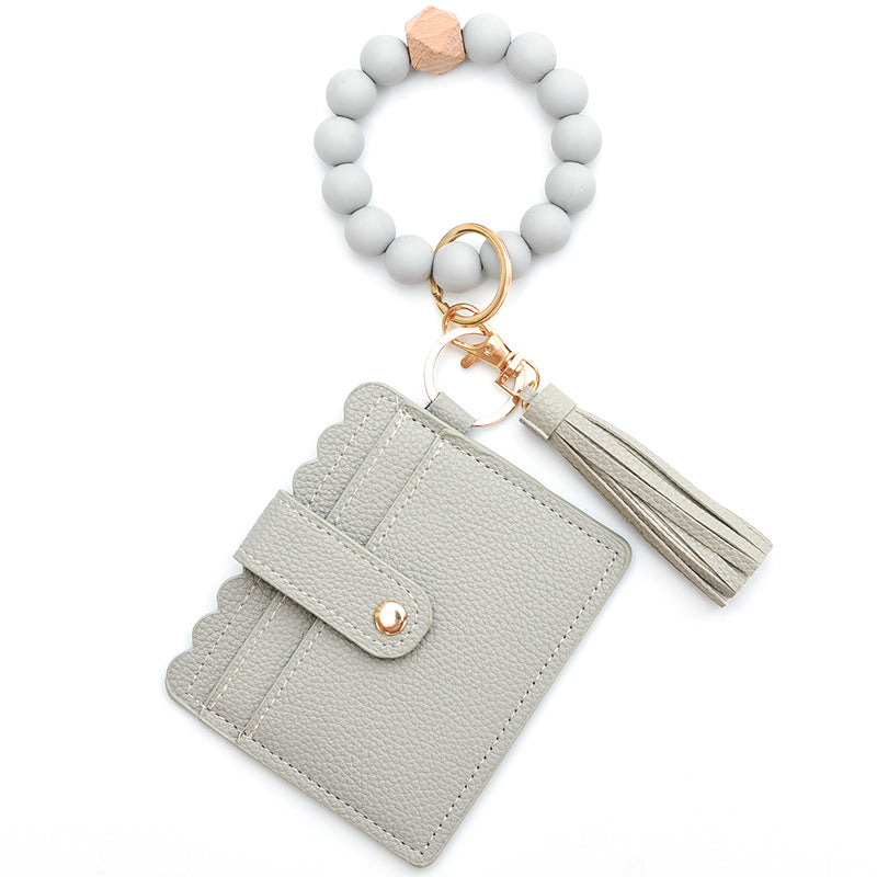 Colorful Silicone Bead Bracelet Card Holder PU Tassel Women's Wallet Keychain Silicone Beaded Bracelet