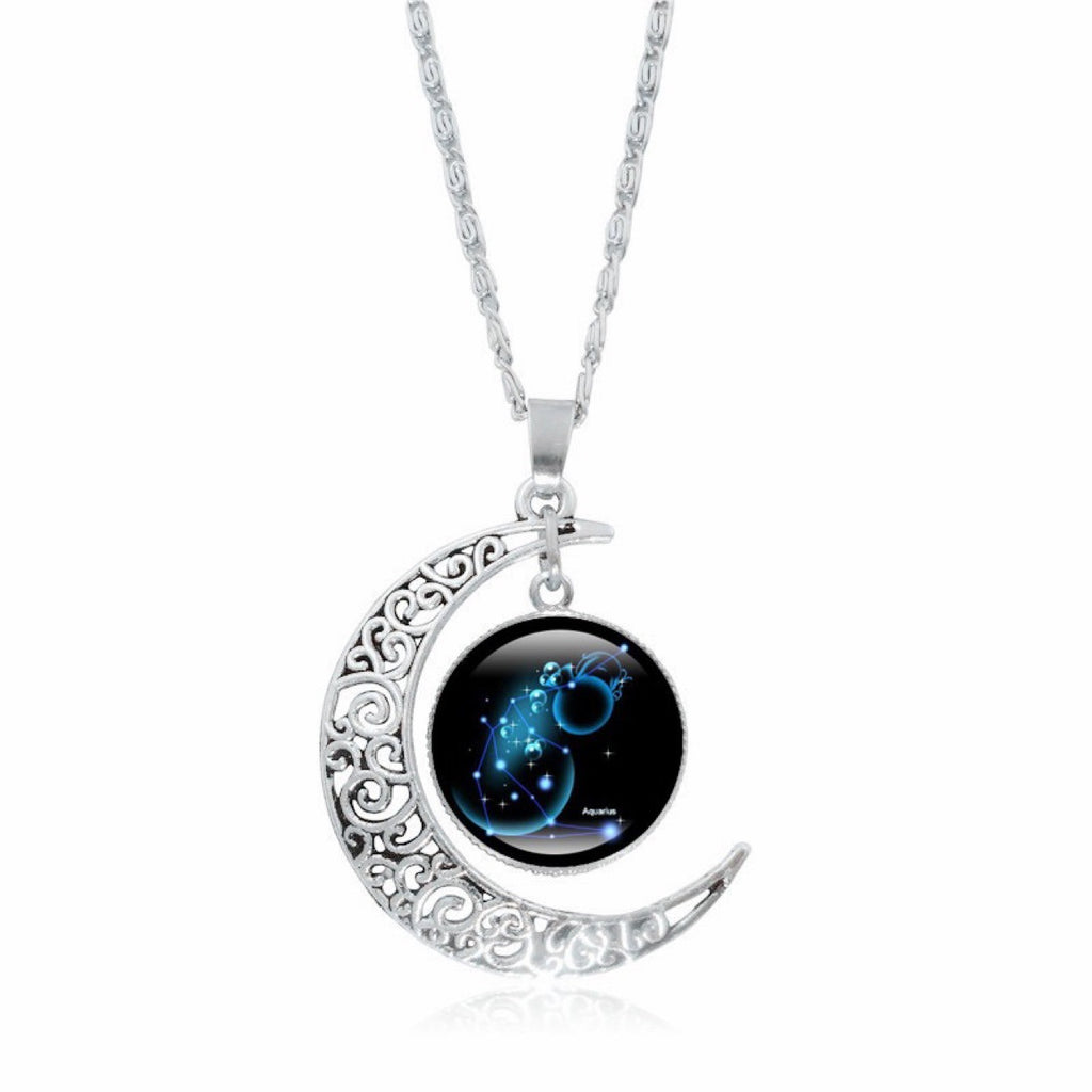 Zodiac Time Gem Luminous Necklace for Women, Simple Silver Moon Pendant Choker