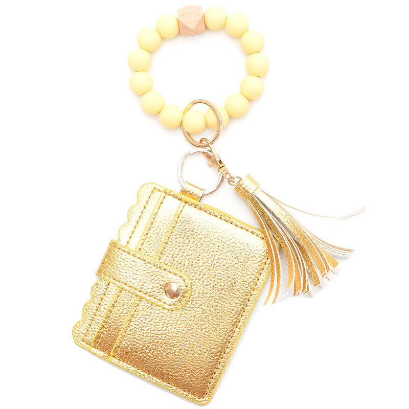 Colorful Silicone Bead Bracelet Card Holder PU Tassel Women's Wallet Keychain Silicone Beaded Bracelet