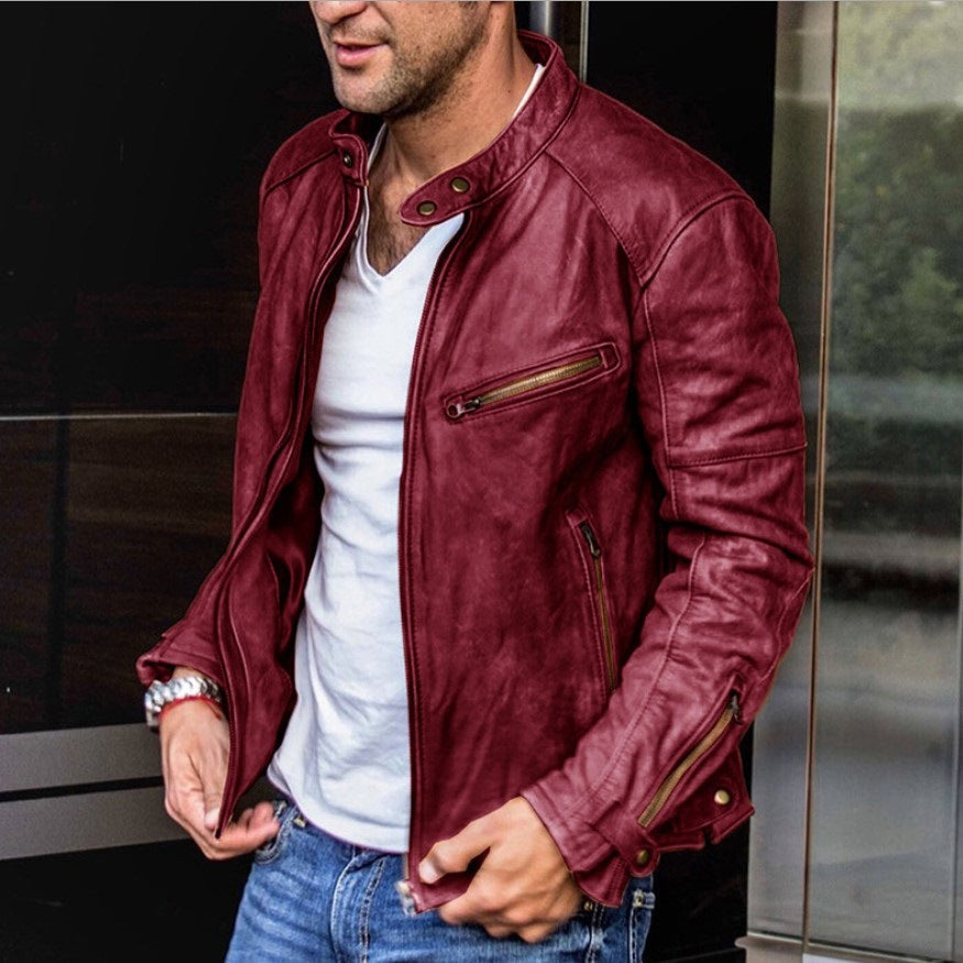 Punk Style Men's PU Leather Jacket with Stand Collar