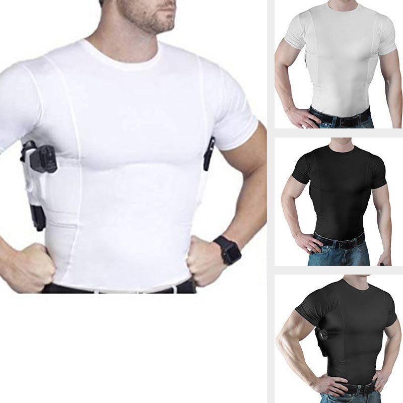Men's Concealed Carry Holster Shirt - Short Sleeve Tactical Tee with Side Pistol Pockets, EDC Base Layer
