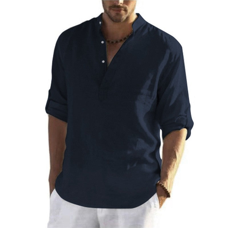 Men's Loose Fit Stand Collar Half-Open Shirt Solid Color Long Sleeve Cotton Top Big Size Shirt