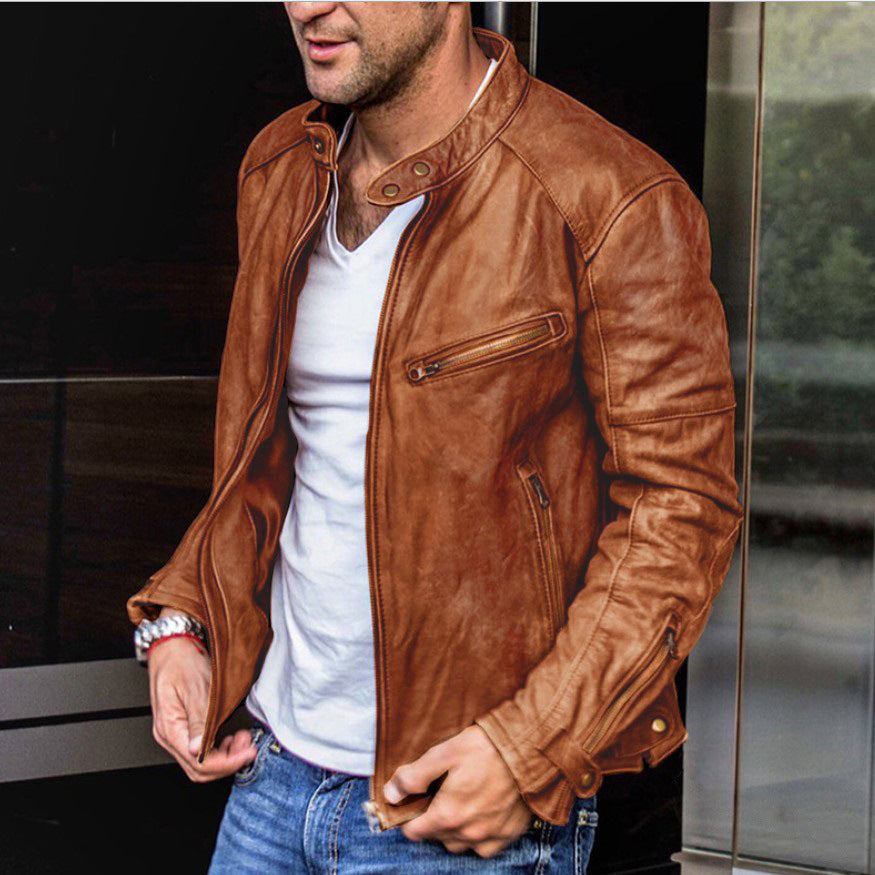 Punk Style Men's PU Leather Jacket with Stand Collar