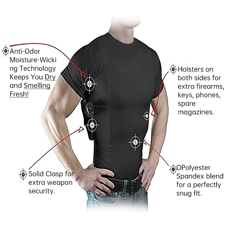 Men's Concealed Carry Holster Shirt - Short Sleeve Tactical Tee with Side Pistol Pockets, EDC Base Layer