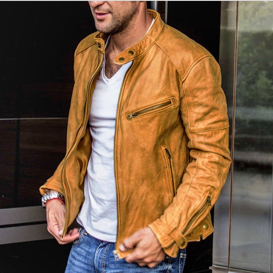 Punk Style Men's PU Leather Jacket with Stand Collar