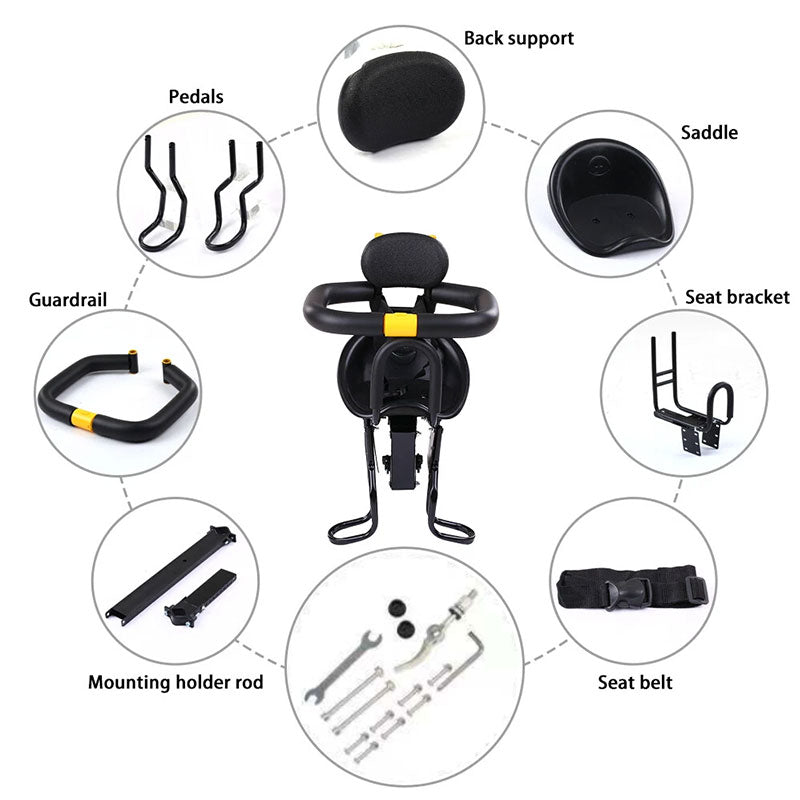 Heavy Duty Front Bicycle Child Seat - Supports 35kg - Adjustable Kids Bike Seat with 3-Point Safety Belt & Non-Slip Pedals