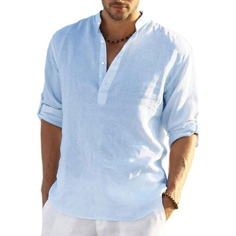 Men's Loose Fit Stand Collar Half-Open Shirt Solid Color Long Sleeve Cotton Top Big Size Shirt