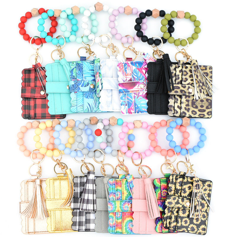 Colorful Silicone Bead Bracelet Card Holder PU Tassel Women's Wallet Keychain Silicone Beaded Bracelet