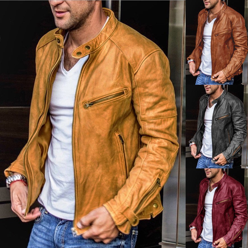 Punk Style Men's PU Leather Jacket with Stand Collar