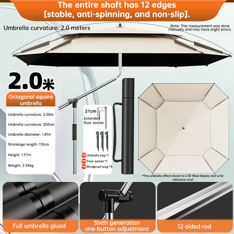2.0-2.6m Octagonal Fishing Umbrella Portable Beach Sun Shade Camping Parasol UV Waterproof with Carry Bag