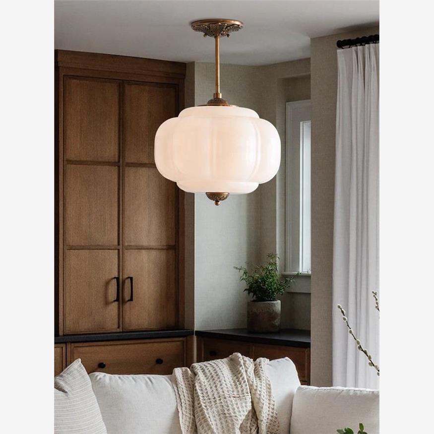 D38*H40CM Pendant Lamp with Pumpkin Glass Design for Bedroom, Living Room, Hallway, and Entryway