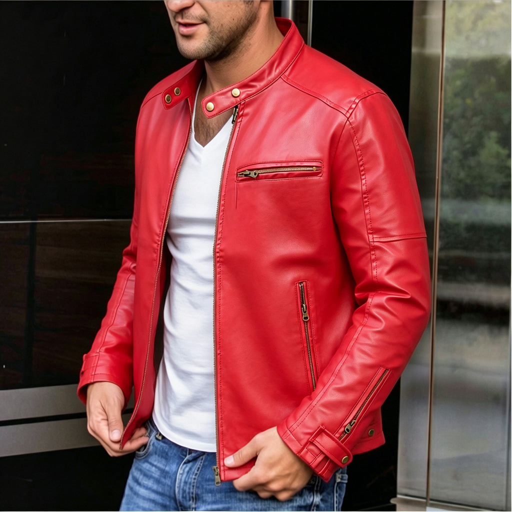 Punk Style Men's PU Leather Jacket with Stand Collar