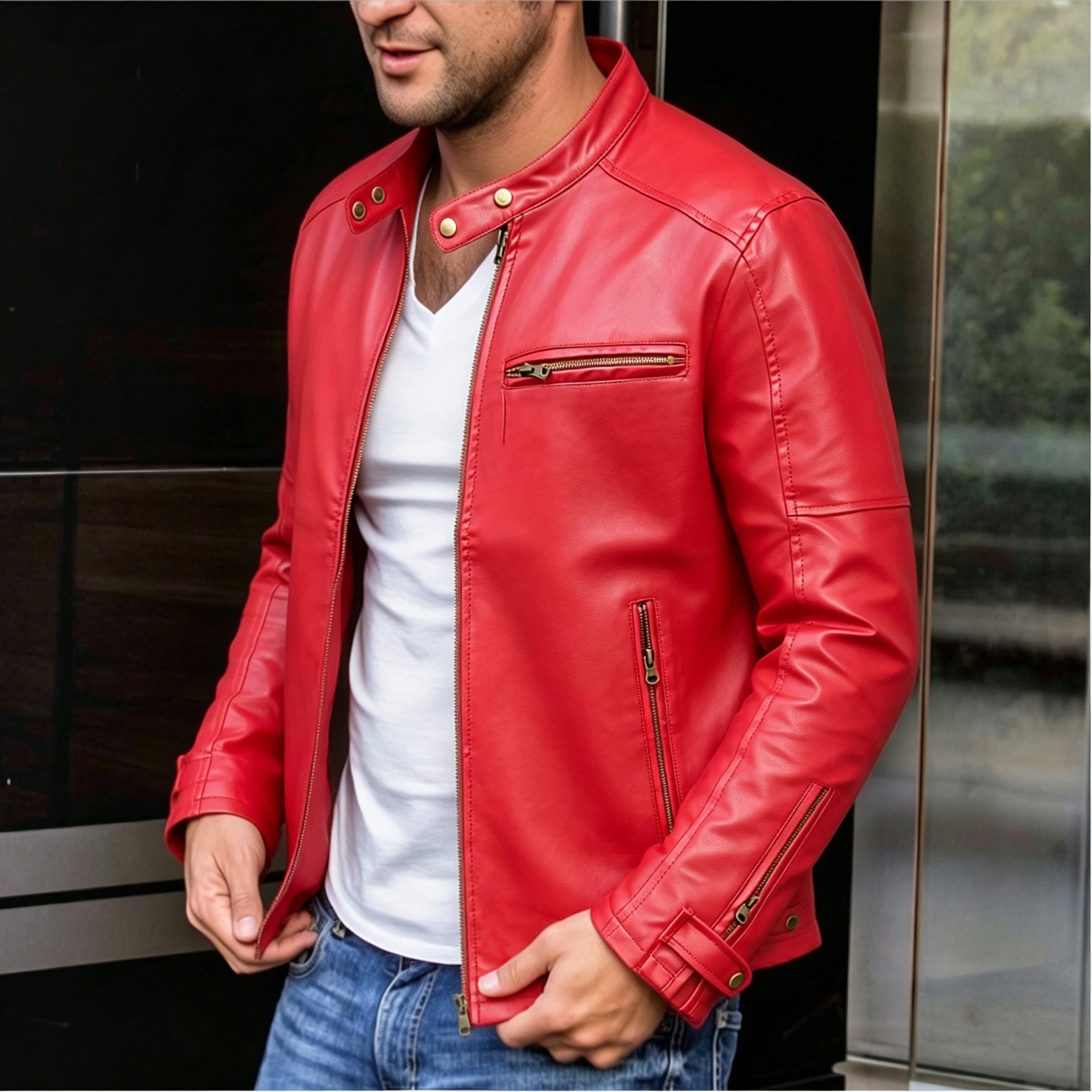 Punk Style Men's PU Leather Jacket with Stand Collar