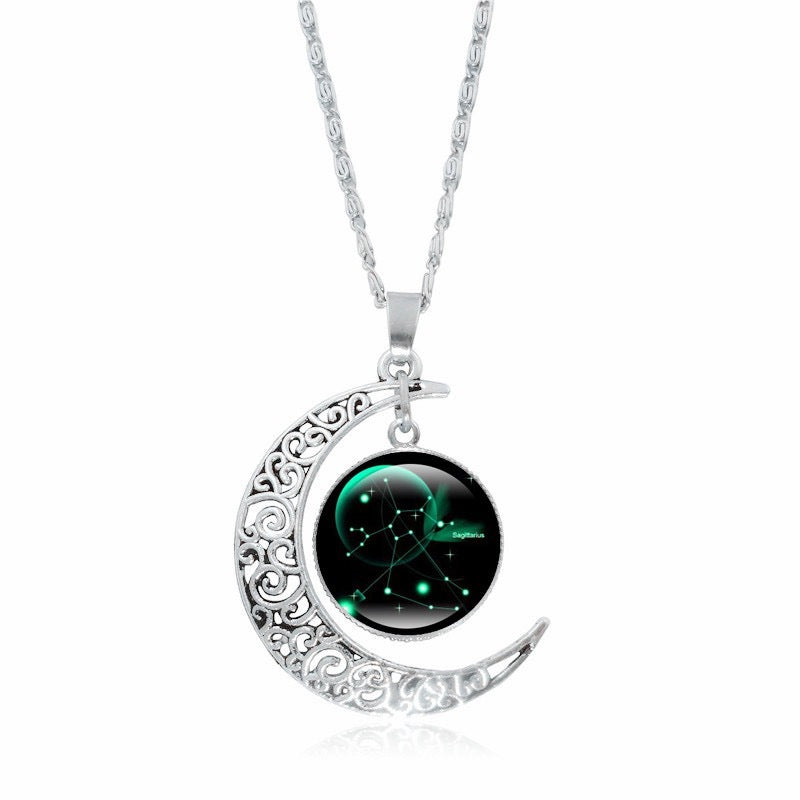 Zodiac Time Gem Luminous Necklace for Women, Simple Silver Moon Pendant Choker
