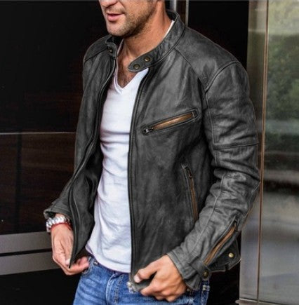 Punk Style Men's PU Leather Jacket with Stand Collar