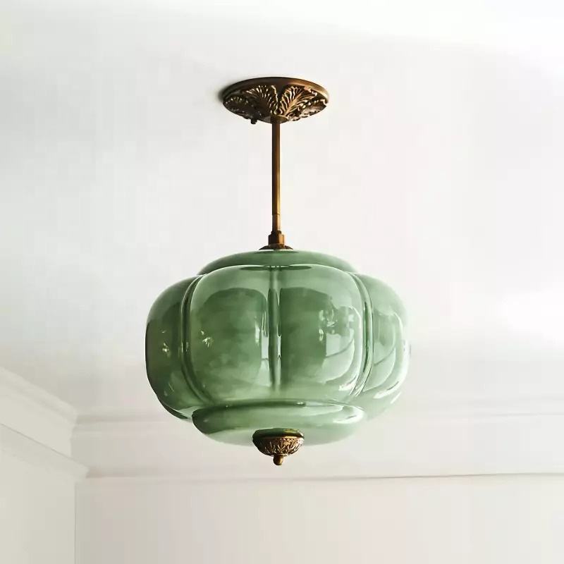 D38*H40CM Pendant Lamp with Pumpkin Glass Design for Bedroom, Living Room, Hallway, and Entryway
