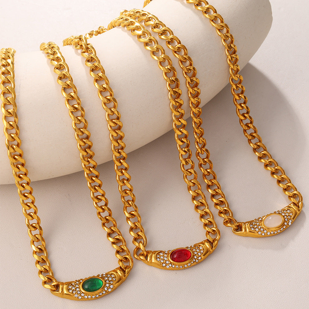 Embedded Cat's Eye Stone Necklace Retro Vintage Geometric Choker Chain